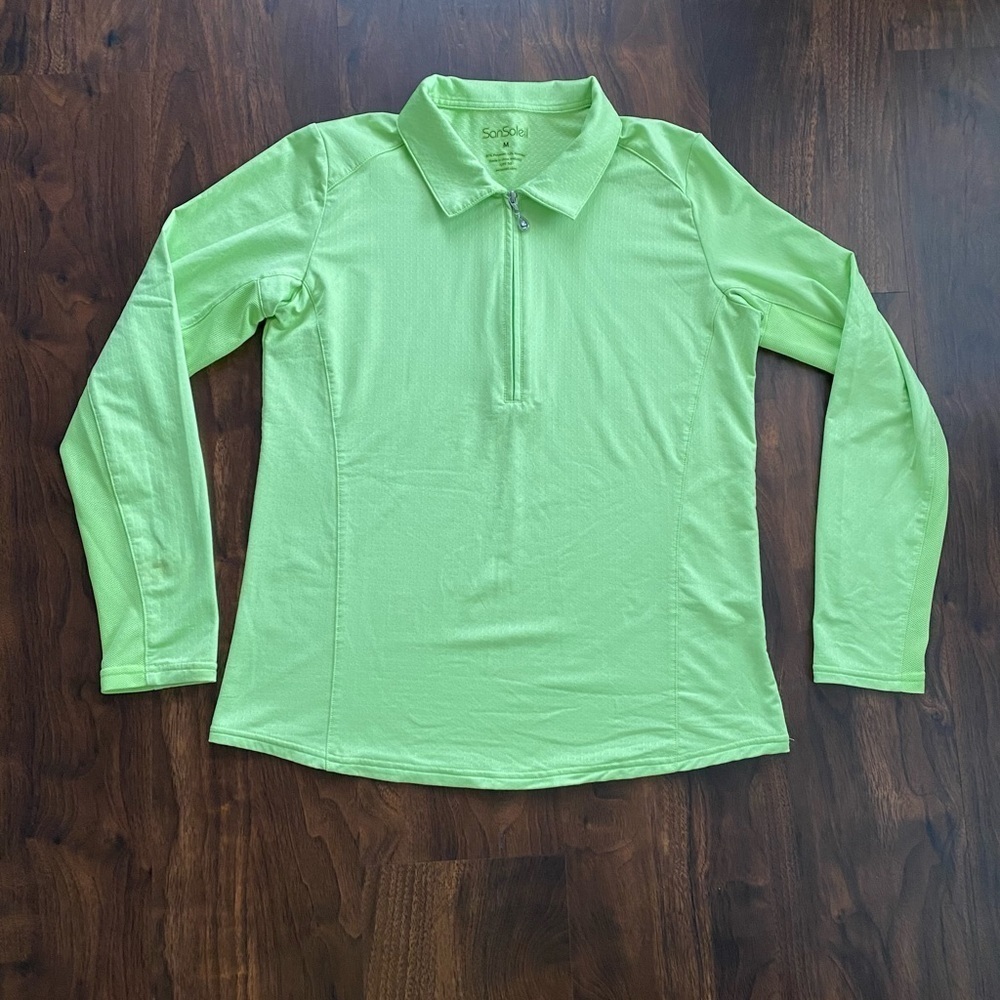 SanSoleil SolTek Ice UPF 50 Zip Polo Sun Shirt Size Medium Lime
